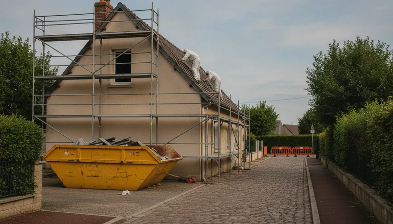 Dépose des ardoises artificielles amiantées d'une maison de la Reconstruction à Bruz