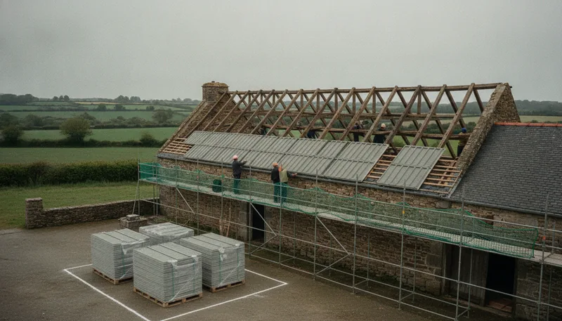 Dépose de la couverture fibrociment d'une grange en schiste à Ossé, Châteaugiron