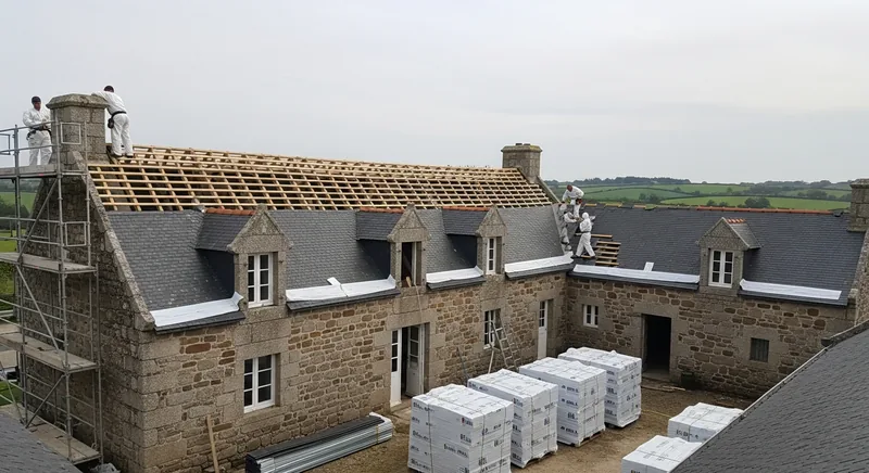 Désamiantage de la couverture fibrociment d'une longère en pierre avant rénovation à Pacé