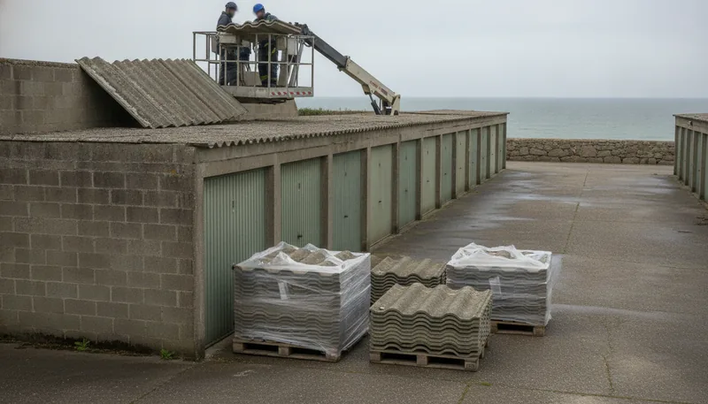 Dépose des plaques fibrociment corrodées de dix-huit garages en copropriété à Saint-Malo