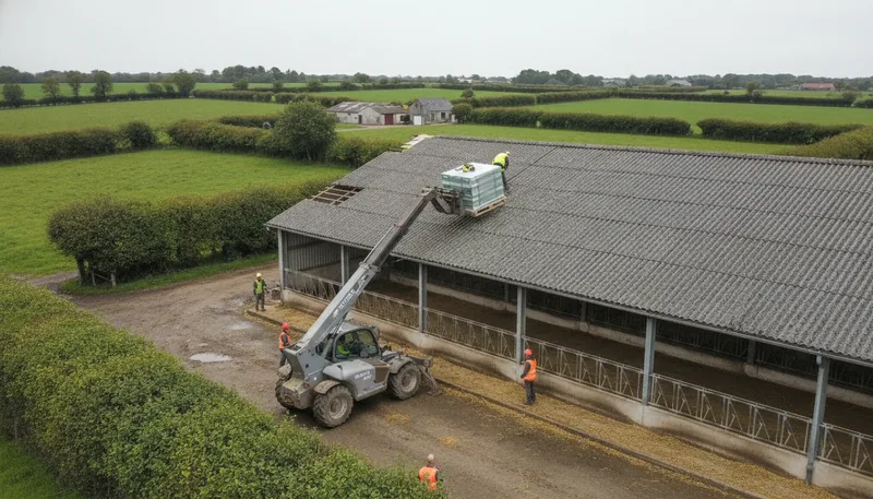 Dépose de la couverture fibrociment d'une stabulation laitière avant projet photovoltaïque à Vitré